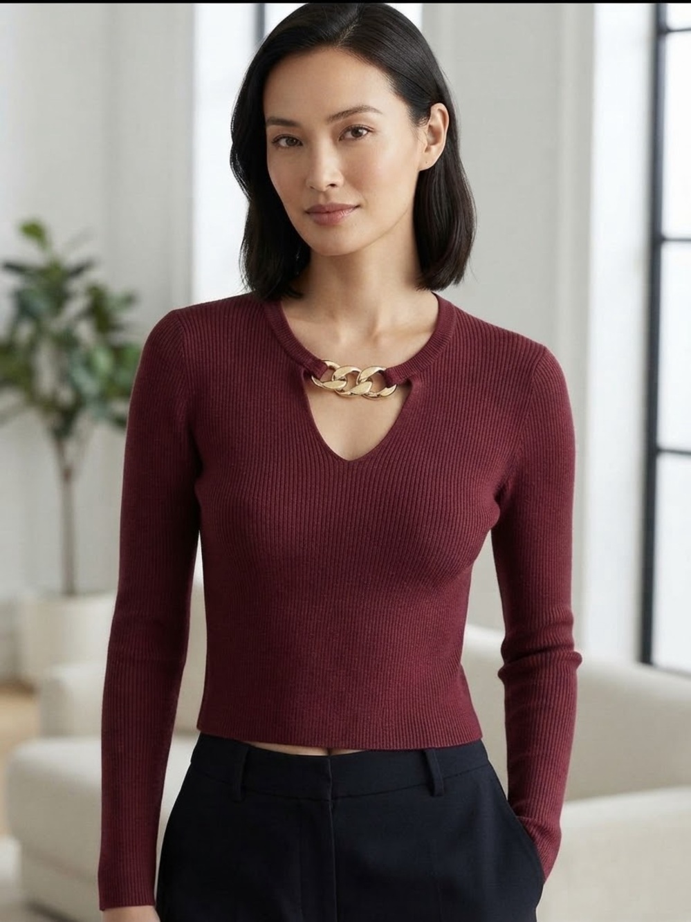 Michael Kors Ribbed Knit Sweater Womens XL Burgundy Gold Chain Neck Long Sleeve